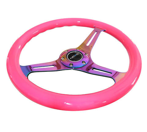 NRG Classic Wood Grain Steering Wheel (350mm) Neon Pink Painted Grip w/Neochrome 3-Spoke Center - ST-015MC-NPK