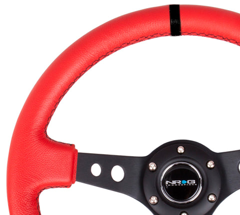 NRG Reinforced Steering Wheel (350mm / 3in. Deep) Red Suede w/Blk Circle Cutout Spokes - RST-006S-RR