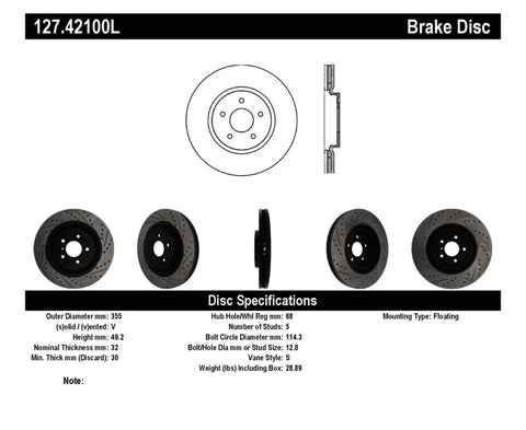 StopTech Infiniti G37 / Nissan 370Z SportStop Slotted & Drilled Front Left Rotor - 127.42100L