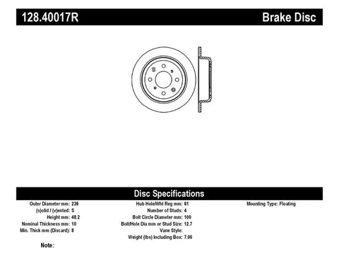 StopTech Acura & Honda Civic/Del Sol Drilled Right Rear Rotor - 128.40017R