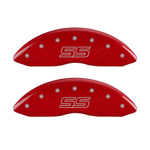 MGP 4 Caliper Covers Engraved Front & Rear Trailblazer style/SS Red finish silver ch - 14030STSSRD