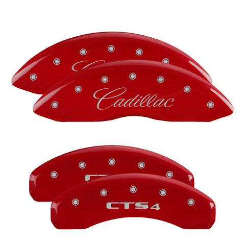 MGP 4 Caliper Covers Engraved Front Cursive/Cadillac Engraved Rear CTS4 Red finish silver ch - 35013SCT4RD