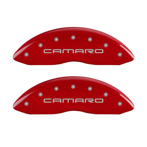 MGP 4 Caliper Covers Engraved Front Gen 4/Camaro Engraved Rear Gen 4/SS Red finish silver ch - 14027SCS4RD