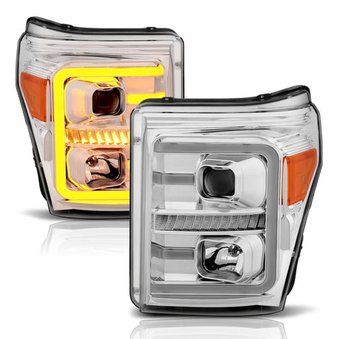 ANZO 11-16 Ford F-250/F-350/F-450 Projector Headlights w/ Plank Style Switchback Chrome w/Amber - 111407