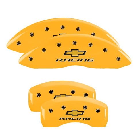 MGP 4 Caliper Covers Engraved Front & Rear Chevy racing Yellow finish black ch - 14006SBRCYL