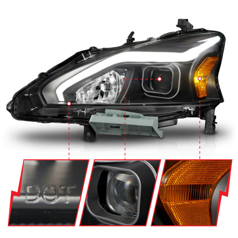 ANZO 13-15 Nissan Altima (w/o Factory HID Bulbs) Projector Headlights - w/ Light Bar Black Housing - 121569