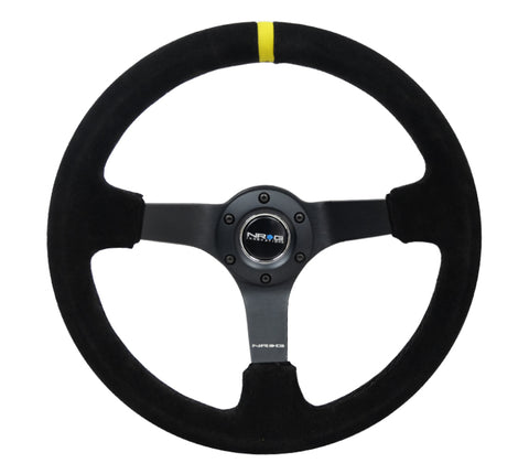 NRG Reinforced Steering Wheel (350mm / 3in. Deep) Blk Suede/X-Stitch w/5mm Blk Spoke & Yellow CM - RST-036MB-S-Y