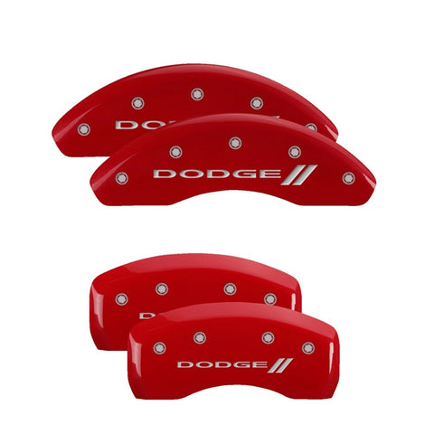 MGP 4 Caliper Covers Engraved Front & Rear With stripes/Dodge Red finish silver ch - 12198SDD3RD