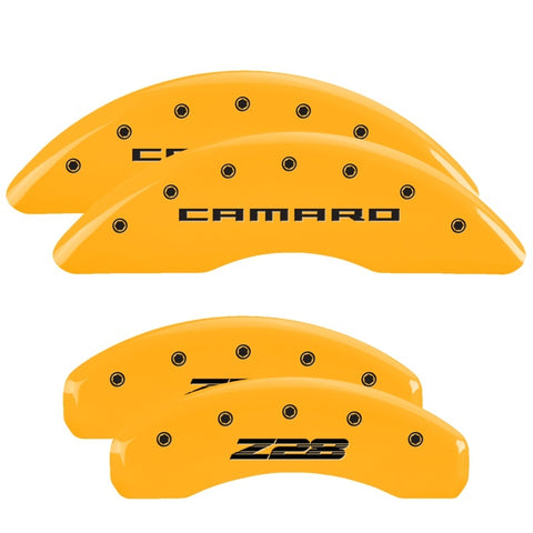 MGP 4 Caliper Covers Engraved Front Gen 5/Camaro Engraved Rear Gen 5/Z28 Yellow finish black ch - 14011SZ85YL