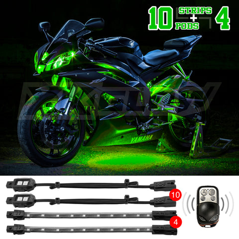 XK Glow Strips Single Color XKGLOW LED Accent Light Motorcycle Kit Green - 10xPod + 4x8In - XK034002-G