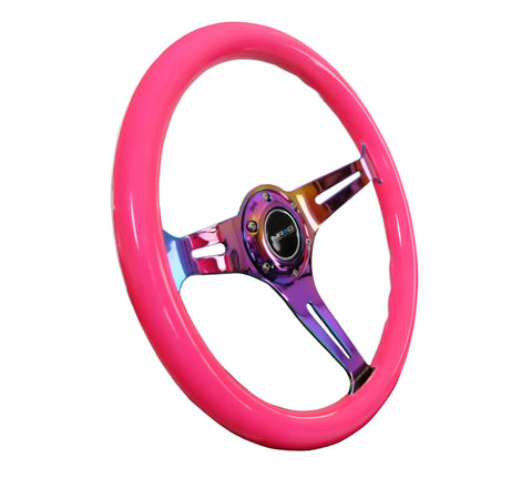 NRG Classic Wood Grain Steering Wheel (350mm) Neon Pink Painted Grip w/Neochrome 3-Spoke Center - ST-015MC-NPK