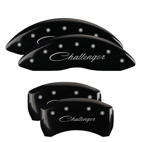 MGP 4 Caliper Covers Engraved Front & Rear Cursive/Challenger Black finish silver ch - 12001SCLSBK