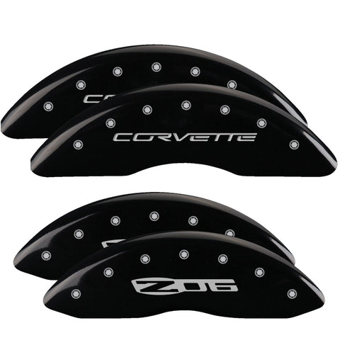 MGP 4 Caliper Covers Engraved Front C6/Corvette Engraved Rear C6/Z06 Black finish silver ch - 13083SCZ6BK