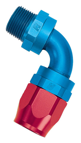 Russell Performance -12 AN Red/Blue 90 Deg Full Flow Swivel Pipe Thread Hose End (With 3/4in NPT) - 612140