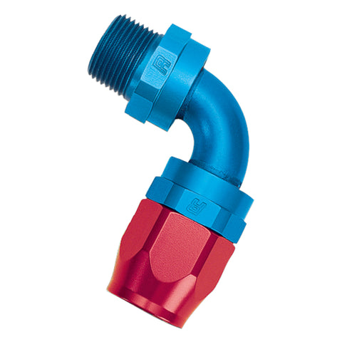 Russell Performance -8 AN Red/Blue 90 Degree Full Flow Swivel Pipe Thread Hose End (With 1/2in NPT) - 612110