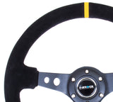 NRG Reinforced Steering Wheel (350mm / 3in. Deep) Blk Suede w/Circle Cut Spokes & Single Yellow CM - RST-006S-Y