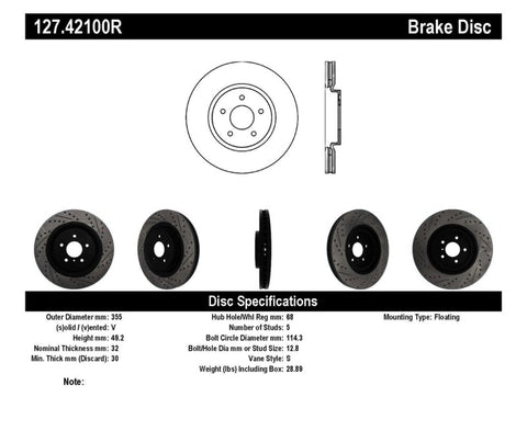 StopTech Infiniti G37 / Nissan 370Z SportStop Slotted & Drilled Front Right Rotor - 127.42100R