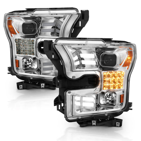 ANZO 15-17 Ford F-150 Proj Headlights w/ Plank Style Design Chrome w/ Amber Sequential Turn Signal - 111409