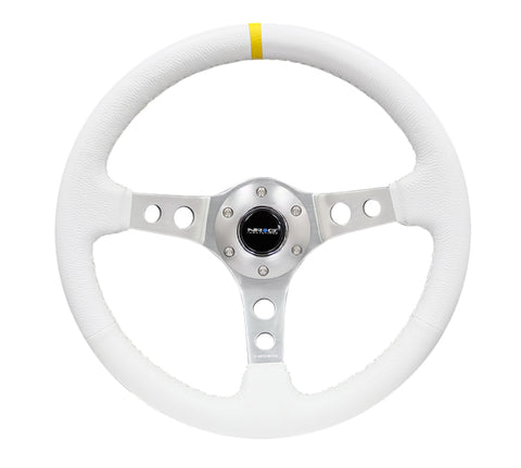 NRG Reinforced Steering Wheel (350mm / 3in. Deep) Wht Leather w/Silver Spoke & Single Yellow Mark - RST-006WT-Y