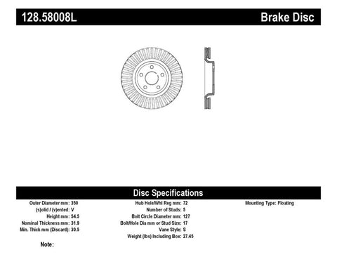 StopTech Drilled Sport Brake Rotor 11-17 Jeep Grand Cherokee (Excluding SRT8) - 128.58008L