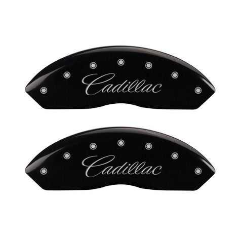 MGP 4 Caliper Covers Engraved Front & Rear Cursive/Cadillac Black finish silver ch - 35010SCADBK