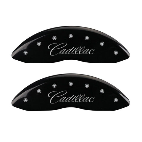 MGP 4 Caliper Covers Engraved Front Cursive/Cadillac Engraved Rear SRX Black finish silver ch - 35004SSRXBK