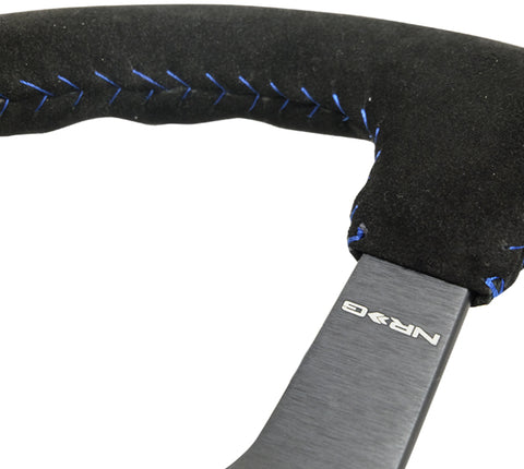 NRG Reinforced Steering Wheel (350mm / 3in. Deep) Blk Suede/Blue BBall Stitch w/5mm Matte Blk Spokes - RST-036MB-S-BL