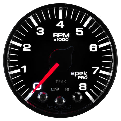 Autometer Spek-Pro Black 2 1/16 inch 8K RPM Tach w/ Shift Light and Peak Memory - P334328