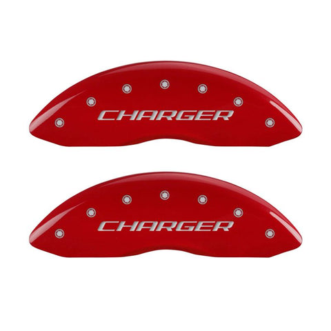 MGP 4 Caliper Covers Engraved Front Charger Engraved Rear RT Red finish silver ch - 12005SCHRRD