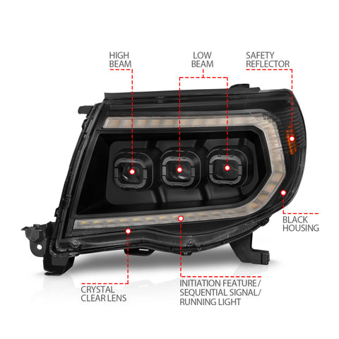 ANZO 05-11 Toyota Tacoma Full Proj Headlights w/Lght Bar Swchbk Seq. Blk. Housing w/Initiation Light - 111581