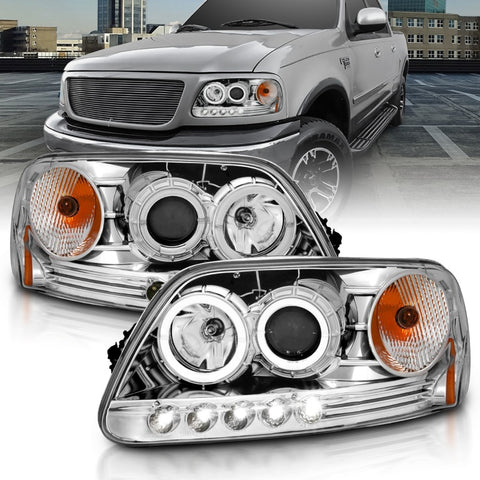 ANZO 1997.5-2003 Ford F-150 Projector Headlights w/ Halo and LED Chrome 1pc - 111032