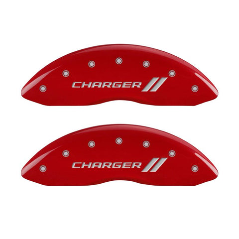 MGP 4 Caliper Covers Engraved Front & Rear With stripes/Charger Red finish silver ch - 12181SCH1RD