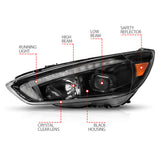 ANZO 15-18 Ford Focus Projector Headlights - w/ Light Bar Switchback Black Housing - 121564