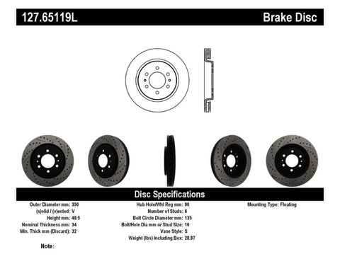 StopTech Slotted & Drilled Sport Brake Rotor - 127.65119L