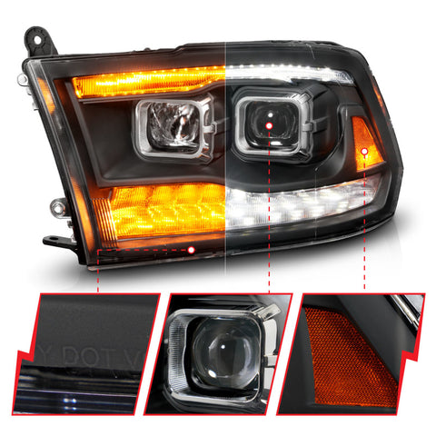 ANZO 09-18 Dodge Ram 1500/2500/3500 Proj HL Headlights Switchback + Sequential - Black Amber - 111611