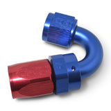 Russell Performance -8 AN Red/Blue 150 Degree Full Flow Swivel Hose End (With 3/4in Radius) - 613460