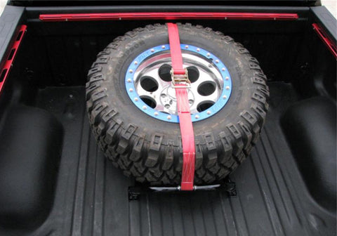 N-Fab Bed Mounted Tire Carrier Universal - Gloss Black - Red Strap - BM1TCRD