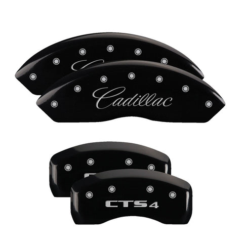 MGP 4 Caliper Covers Engraved Front Cursive/Cadillac Engraved Rear CTS4 Black finish silver ch - 35010SCT4BK