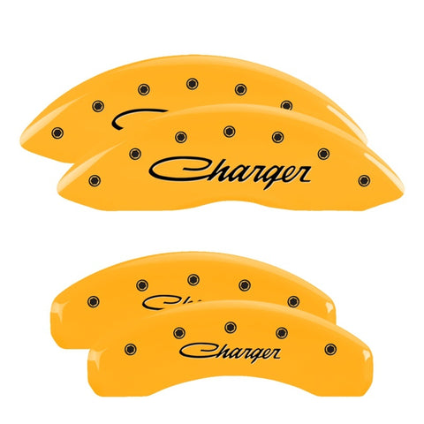 MGP 4 Caliper Covers Engraved Front & Rear Cursive/Charger Yellow finish black ch - 12088SCHSYL