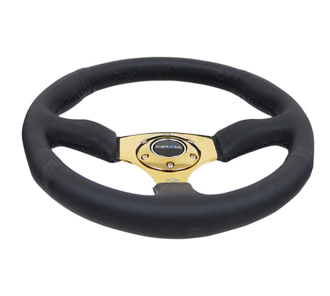 NRG Reinforced Steering Wheel (350mm / 2.5in. Deep) Leather Race Comfort Grip w/4mm Gold Spokes - RST-023GD-R