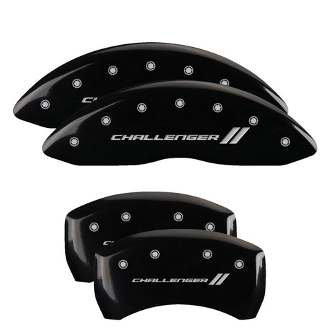 MGP 4 Caliper Covers Engraved Front & Rear Cursive/Challenger Black finish silver ch - 12001SCLSBK