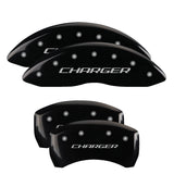 MGP 4 Caliper Covers Engraved Front & Rear With stripes/Challenger Black finish silver ch - 12001SCL1BK