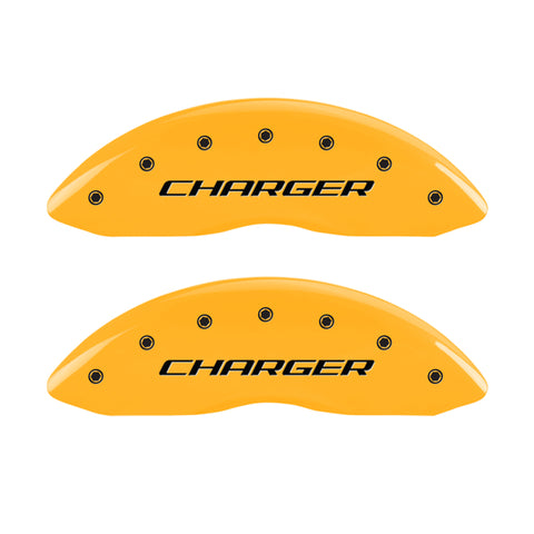 MGP 4 Caliper Covers Engraved Front & Rear Block/Charger Yellow Finish Black Char 2006 Dodge Charger - 12001SCHBYL