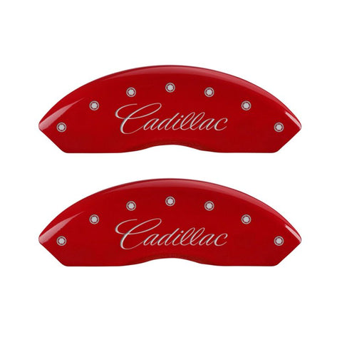 MGP 4 Caliper Covers Engraved Front Cursive/Cadillac Engraved Rear SRX Red finish silver ch - 35002SSRXRD