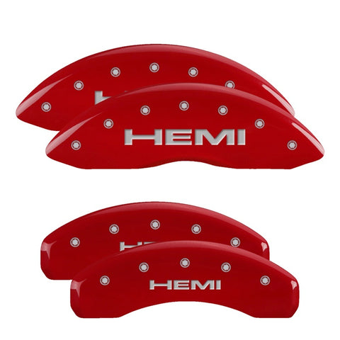 MGP 4 Caliper Covers Engraved Front HEMI Engraved Rear HEMI Logo Red Finish Silver Characters - 42020SHEMRD