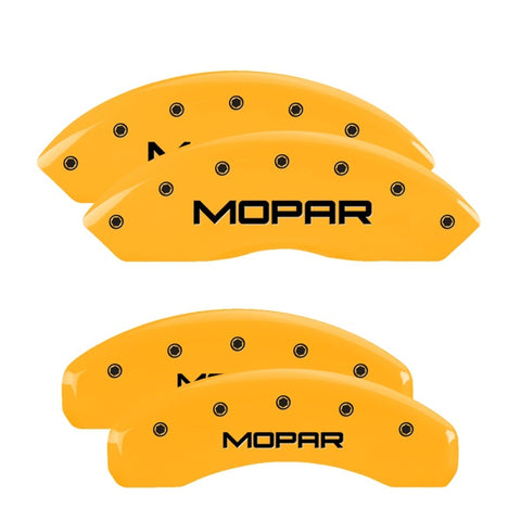 MGP 4 Caliper Covers Engraved Front & Rear Mopar Yellow Finish Black Char 2018 Jeep Wrangler - 42019SMOPYL