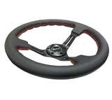 NRG Reinforced Steering Wheel (350mm / 3in. Deep) Black Leather/Red Stitch & Blk 3-Spoke w/Slits - RST-018R-RS