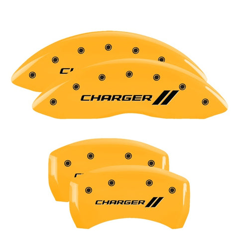 MGP 4 Caliper Covers Engraved Front & Rear With stripes/Charger Yellow finish black ch - 12162SCH1YL