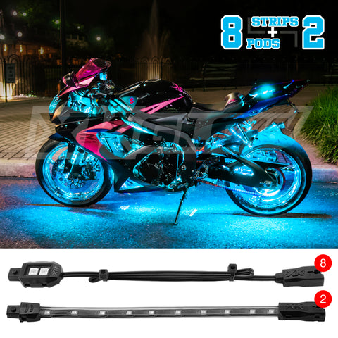 XK Glow Strips Single Color XKGLOW LED Accent Light Motorcycle Kit Light Blue - 8xPod + 2x8In - XK034001-AB