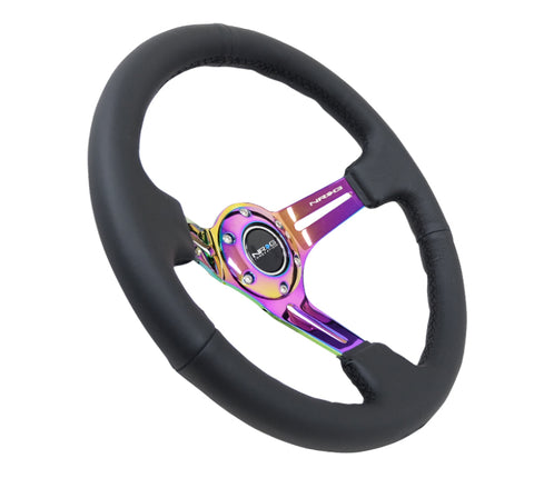 NRG Reinforced Steering Wheel (350mm / 3in. Deep) Blk Leather/Blk Stitch w/Neochrome Slits - RST-018R-MCBS